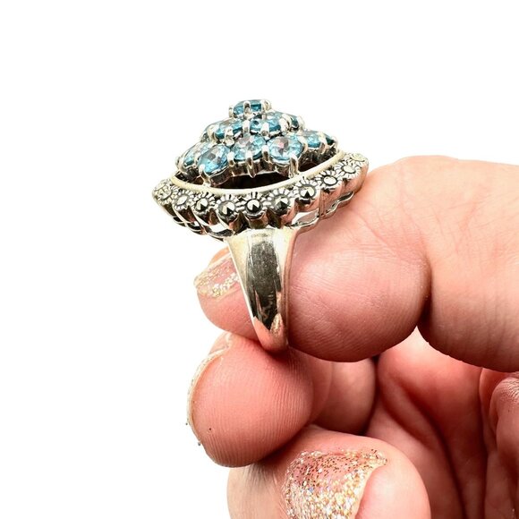 Estate Womens Ring Sterling Silver Blue Topaz Cluster Marcasite Size 9 Signed NF - Picture 6 of 9